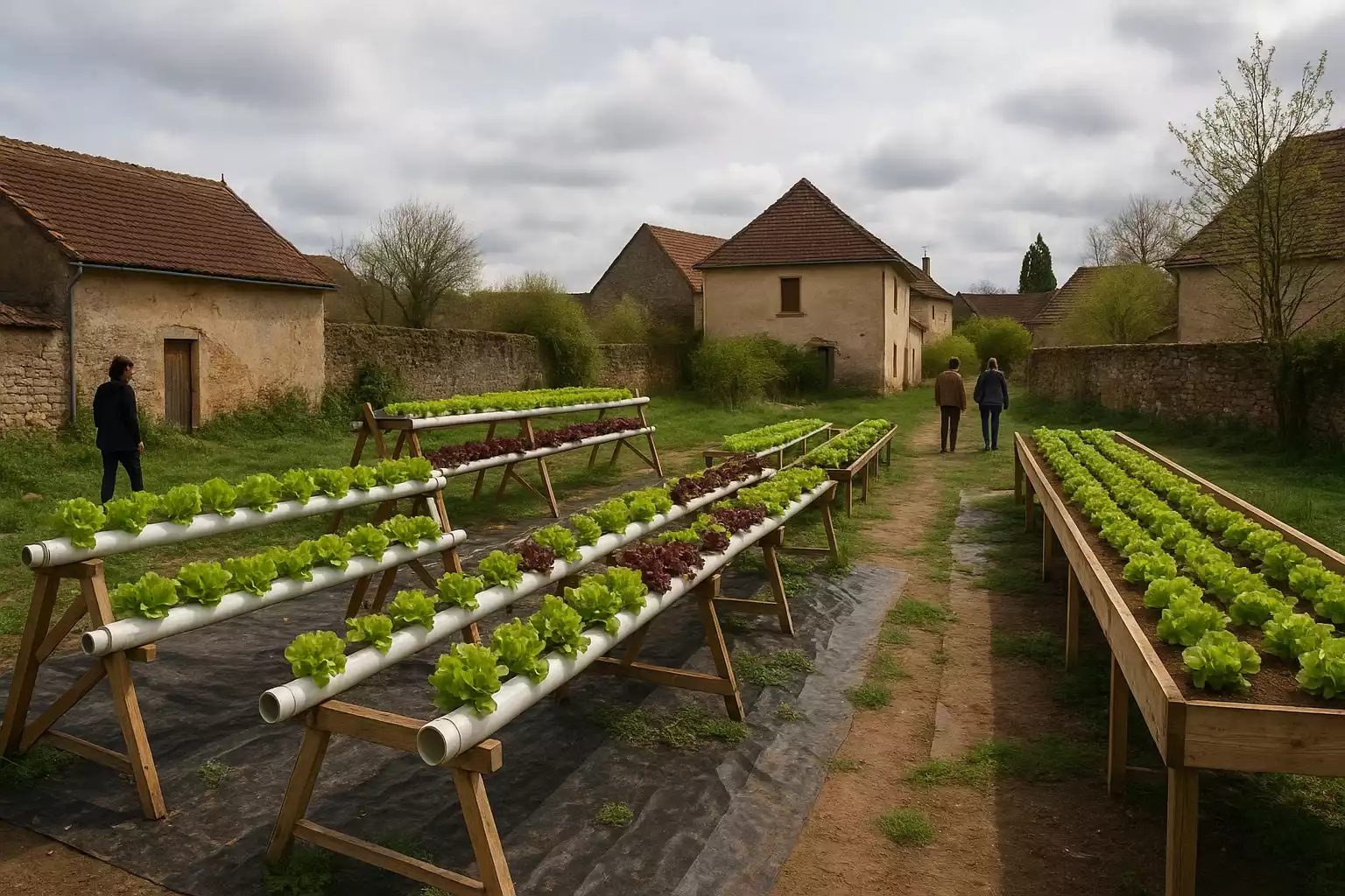 Système hydroponique artisanal en plein air avec salades cultivées sur structures en bois et canalisations PVC, dans une ferme rurale française.