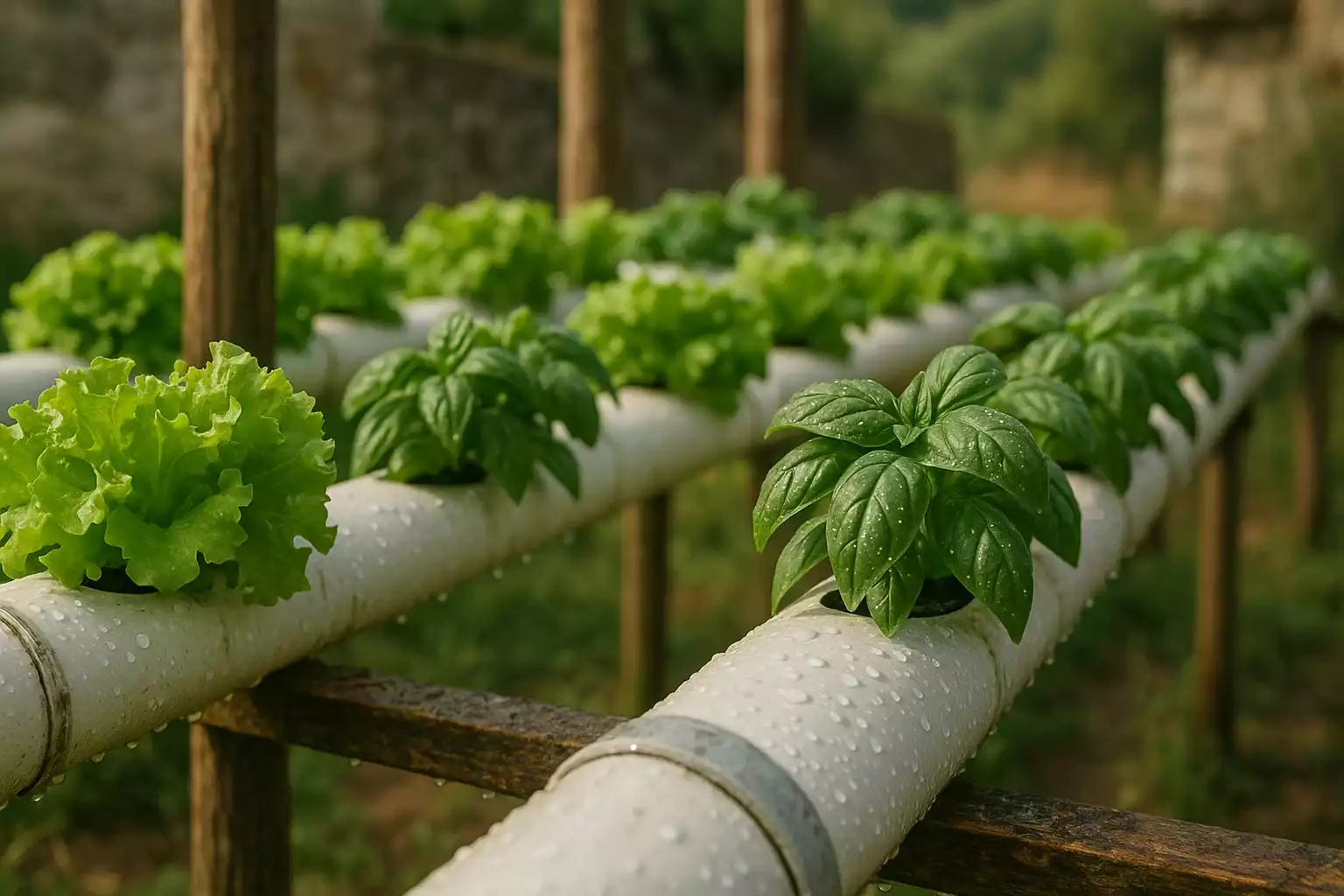 Jeunes pousses de laitue cultivées en hydroponie sur tubes PVC, avec gouttelettes d’eau visibles et système d’irrigation actif en extérieur.