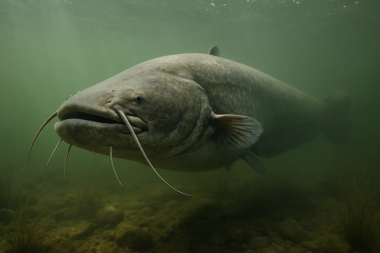 Silure glane de plus de deux mètres nageant dans les eaux sombres de la Seine.