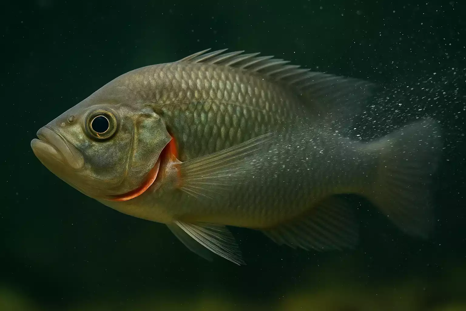 Vue latérale d’un poisson d’eau douce montrant le fonctionnement des branchies pour respirer l’oxygène de l’eau.