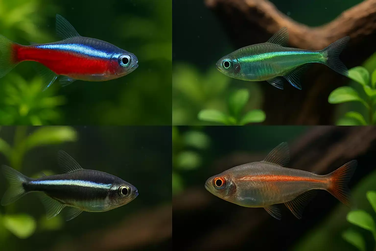 Montage photo de plusieurs espèces de poissons néons dans un aquarium : rouge, vert, noir et rose.