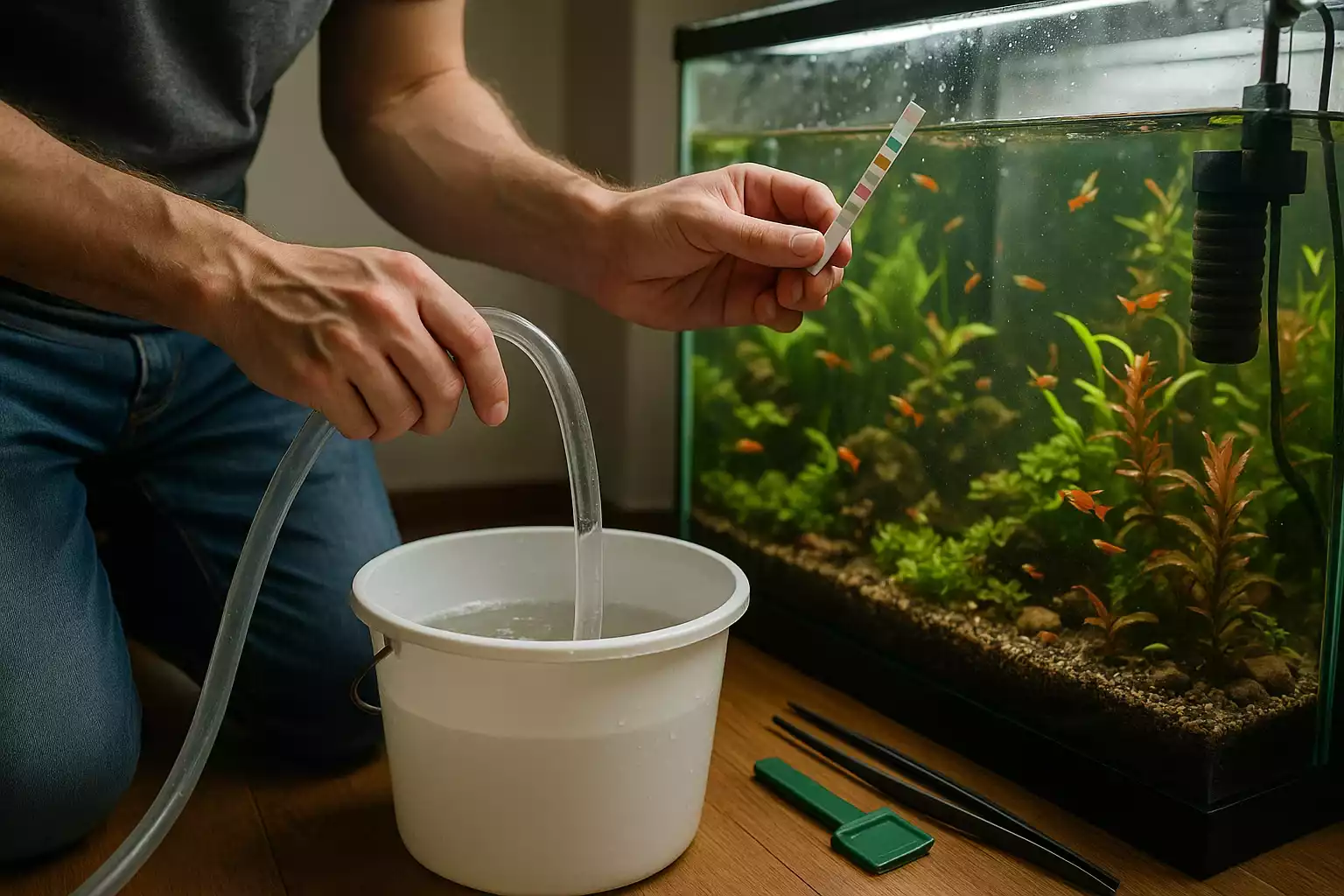Entretien d’un aquarium d’eau douce : test de l’eau en cours et changement partiel avec siphon et seau.