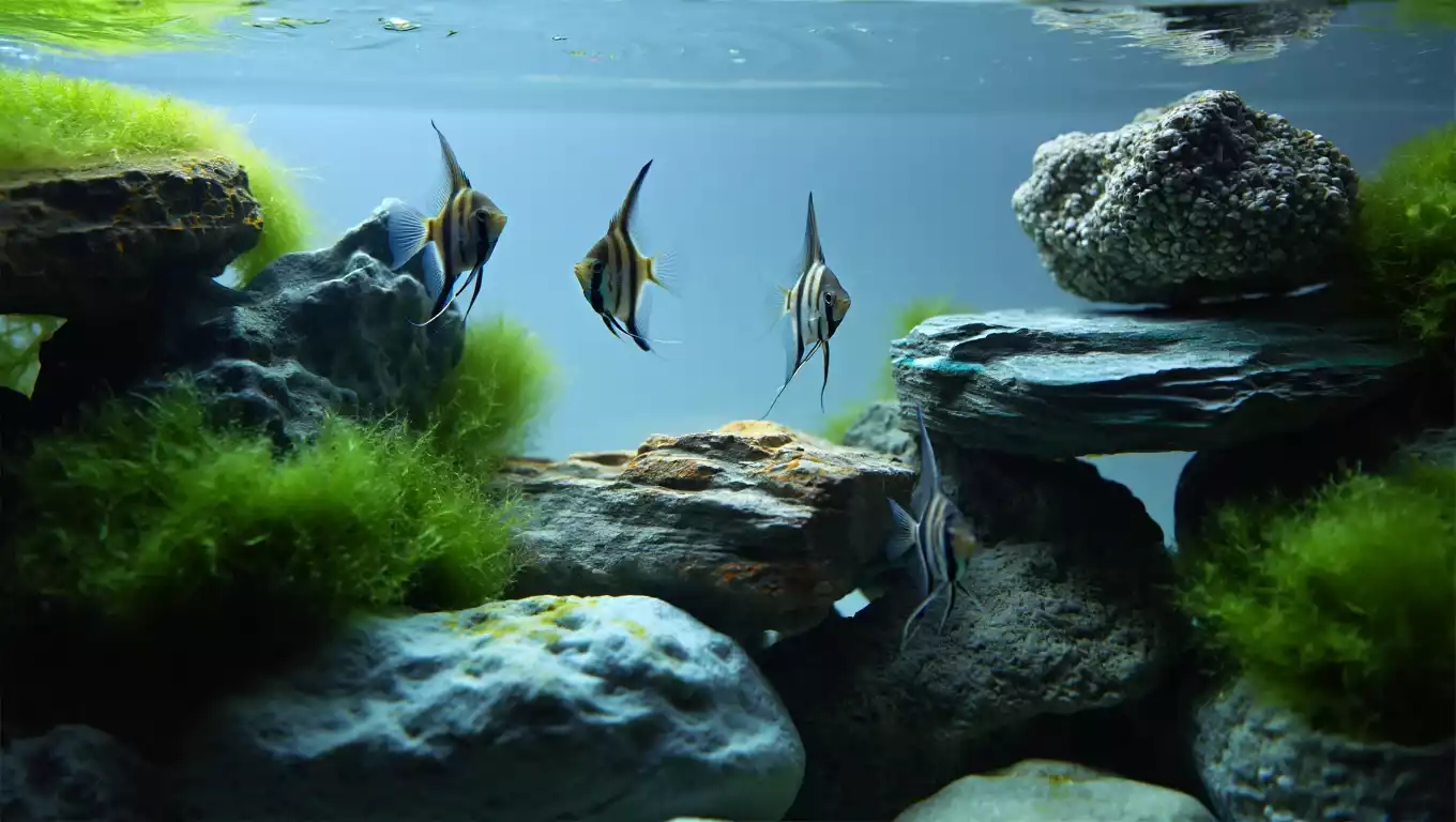 Paysage aquatique moderne avec pierres naturelles et végétation luxuriante