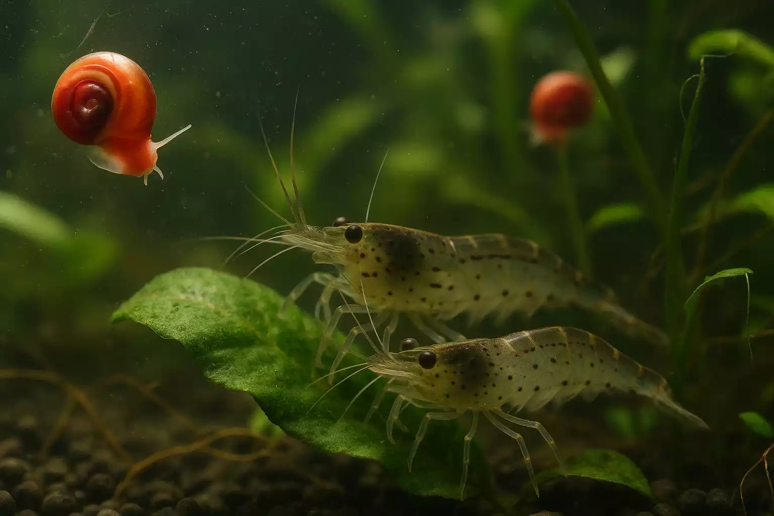 Crevettes japonica et escargots planorbes nettoyant les plantes et vitres d’un aquarium.
