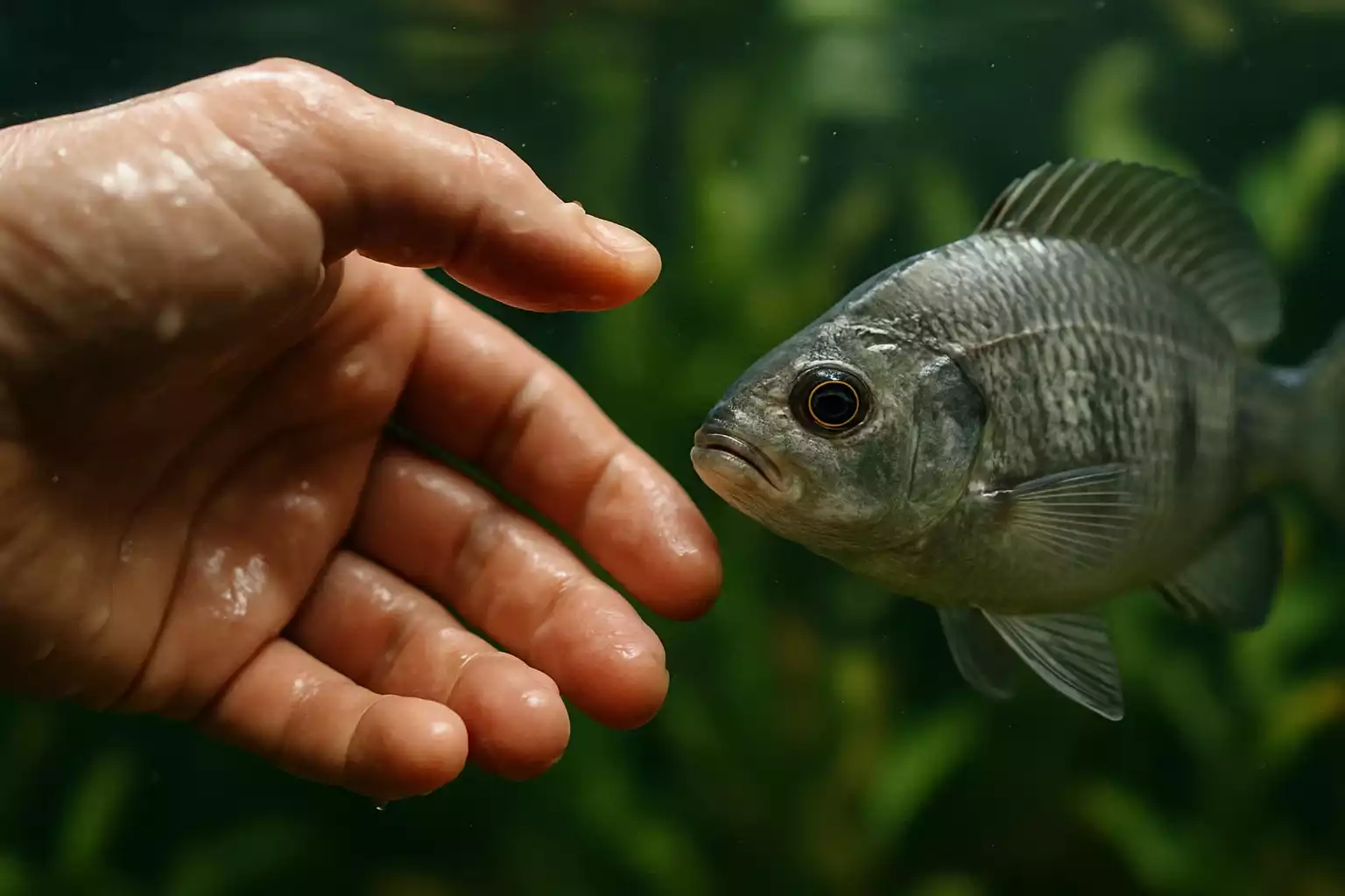 Main mouillée proche d’un poisson d’aquarium, sans contact direct