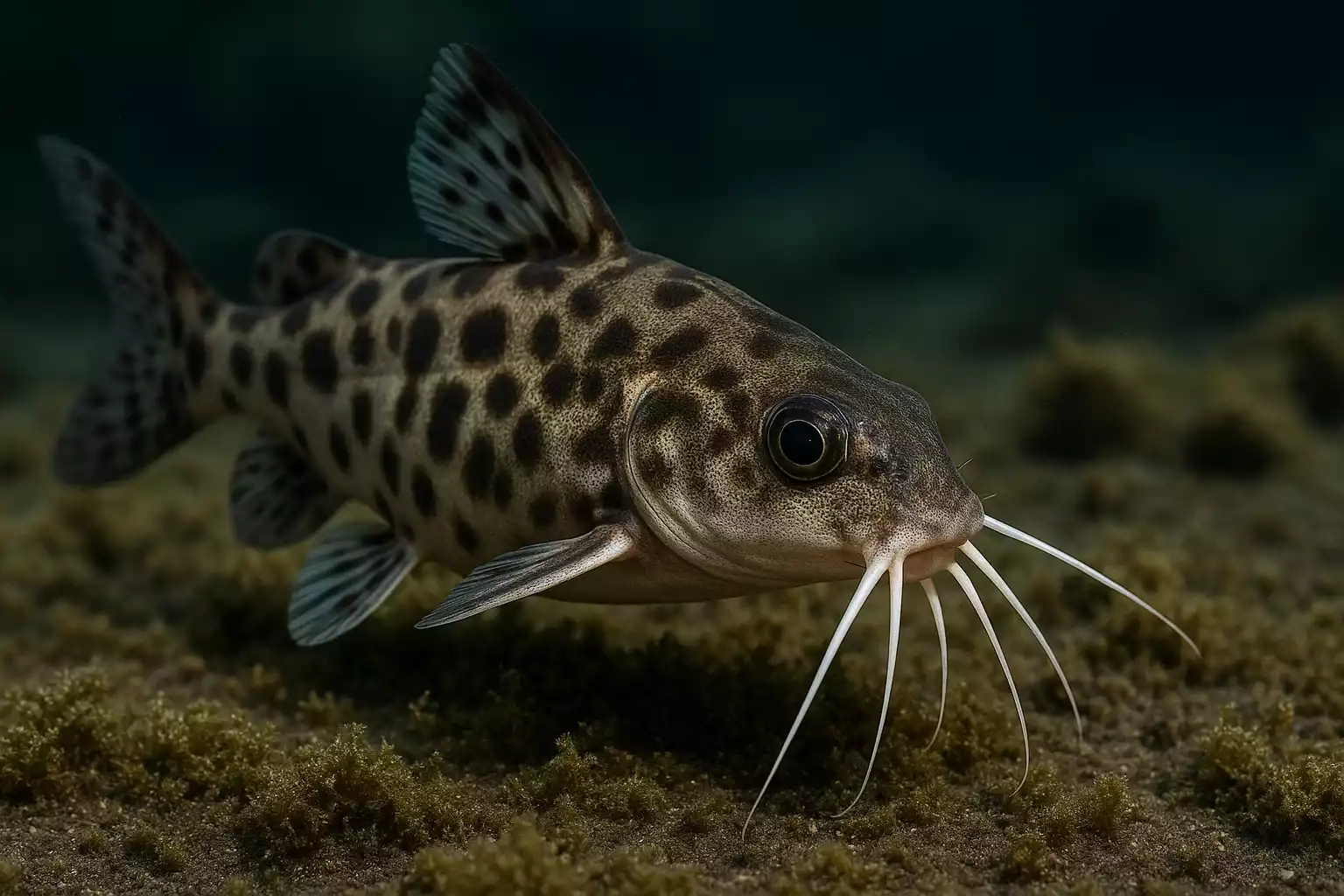 Synodontis fouillant le fond sablonneux d’un aquarium pour le nettoyer.