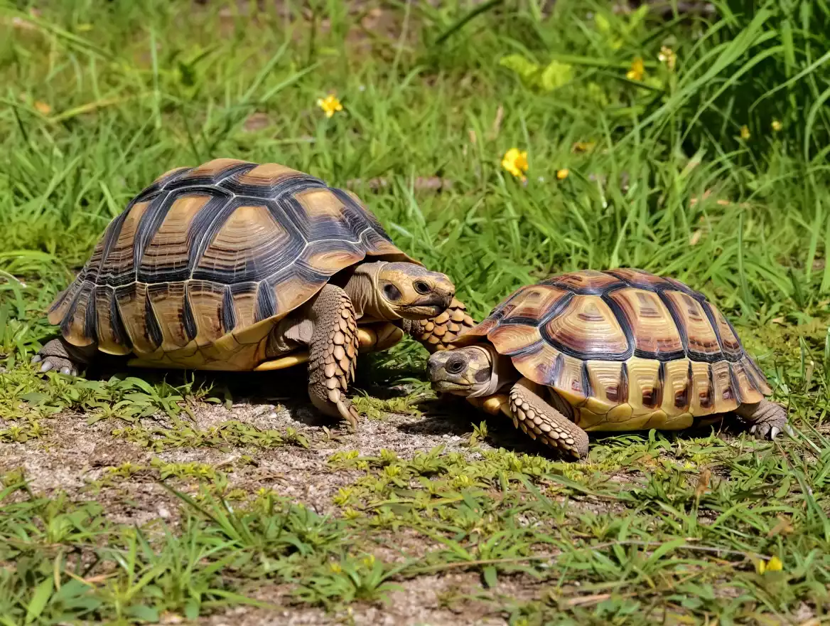 Tortue terrestre mâle en parade nuptiale, tournant autour d'une femelle